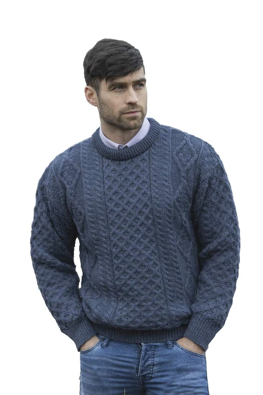 Aran Crafts Irish Soft Cable Knitted Wool Crew Neck Unisex Sweater (C1347-MED-CASP)