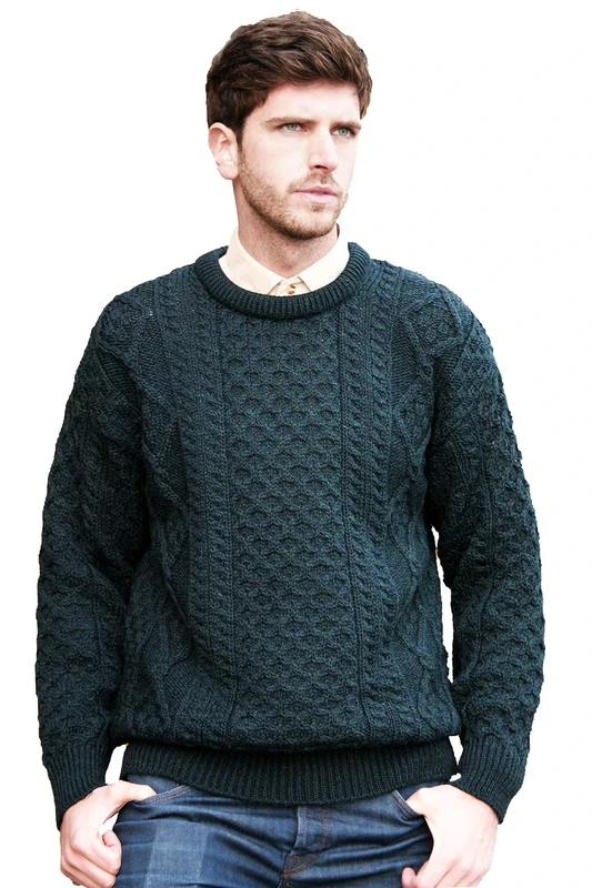 Aran Crafts Irish Soft Cable Knitted Wool Crew Neck Unisex Sweater (C1347-SM-BLA)