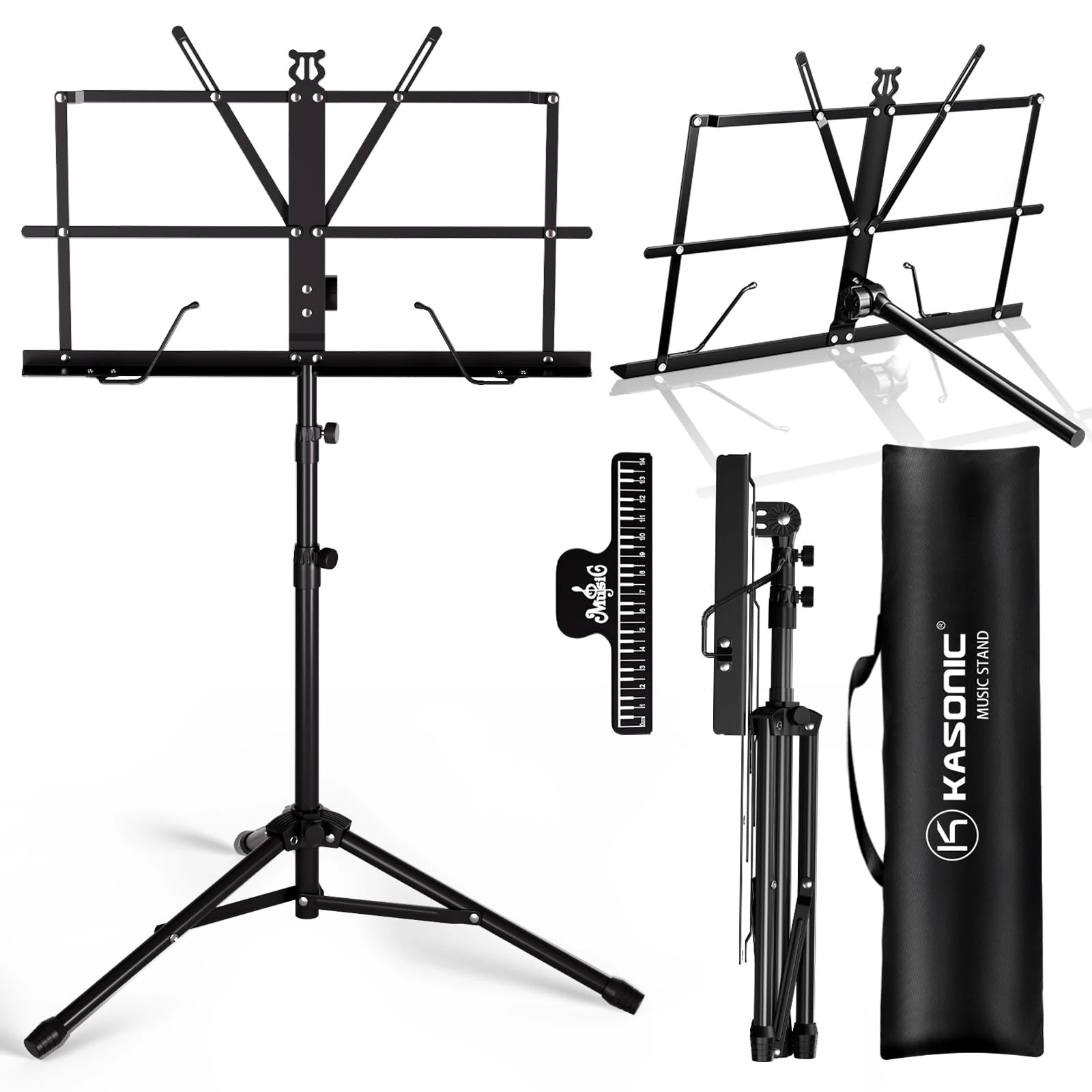 K KASONIC Lightweight Music Stand, 2 in 1 Music Stands with Music Sheet Clip, Portable Music Book Stand with Carrying Bag for Performances, Sheet Music Stand Tripod for Musical Needs, Black