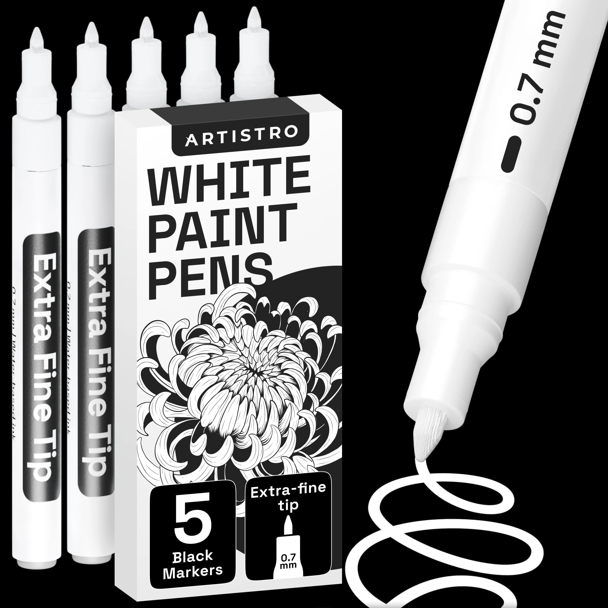ARTISTRO 5 White Paint Pen for Rock Painting, Stone, Ceramic, Glass, Wood, Tire, Fabric, Metal, Canvas, Calligraphy Pen, Acrylic Paint White Marker Water-based Extra-fine Tip