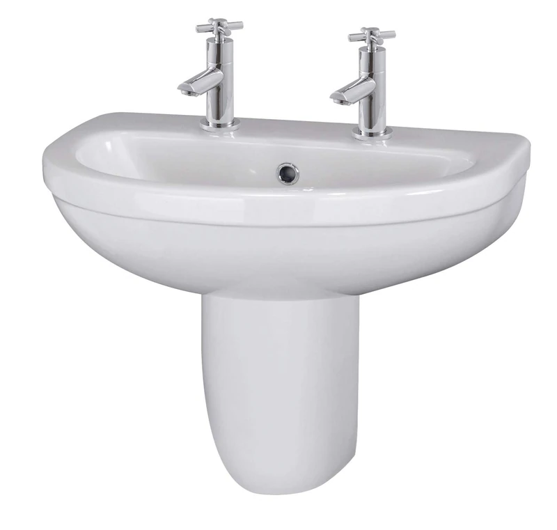 Nuie CIV005 Modern Bathroom 2 Tap Hole Sink Basin with Semi Pedestal, 550mm, White, 550 mm