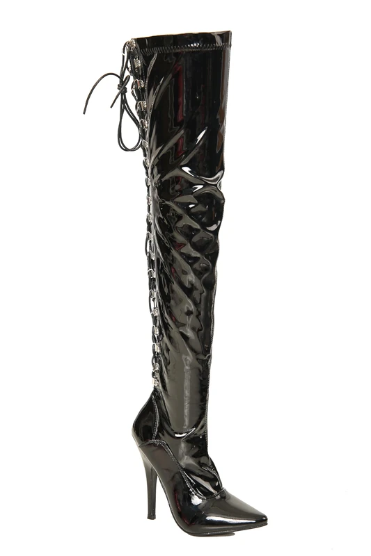 Womens Ladies Sexy Thigh HIGH Kinky Fetish Over The Knee Stiletto Heel Full Hook Lace up and Side Zip Boots Size UK 4-12 (UK 4/EU 37, Black Patent)