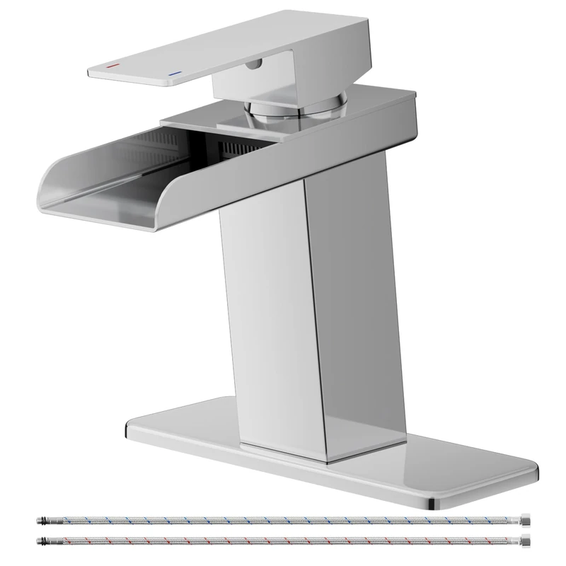 BATHLAVISH Bathroom Faucet Chrome Waterfall Single Handle One Hole Vanity Sink Modern Mixer Tap Commercial Deck Mount Lavatory
