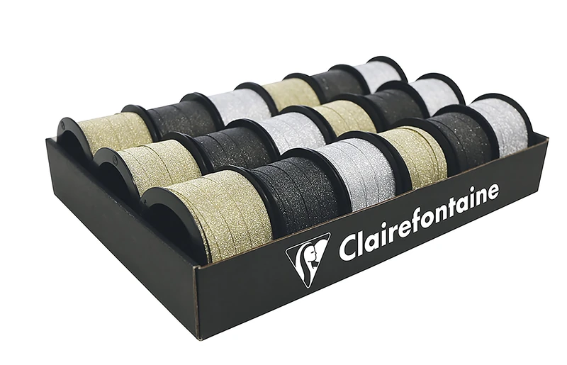 Clairefontaine 612697C - One Tray of 18 Glitter Ribbon Rolls - Dimensions: 10mx10 mm - Assorted Colours: Silver, Black, and Gold - Accessories for Gift Wrapping - Image 1