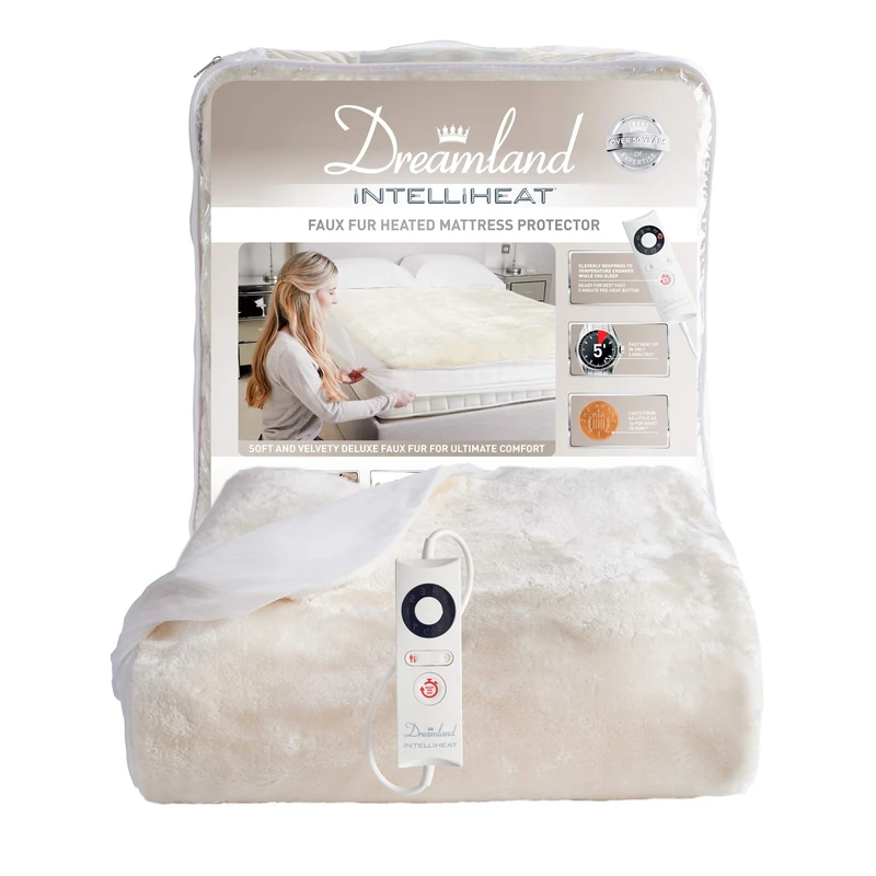 Dreamland Intelliheat Faux Fur Electric Mattress Protector, 16307, Size Single 190 X 90Cm, Secures Easily To Mattress With An Elasticated Skirt, Extra Foot Warmth,