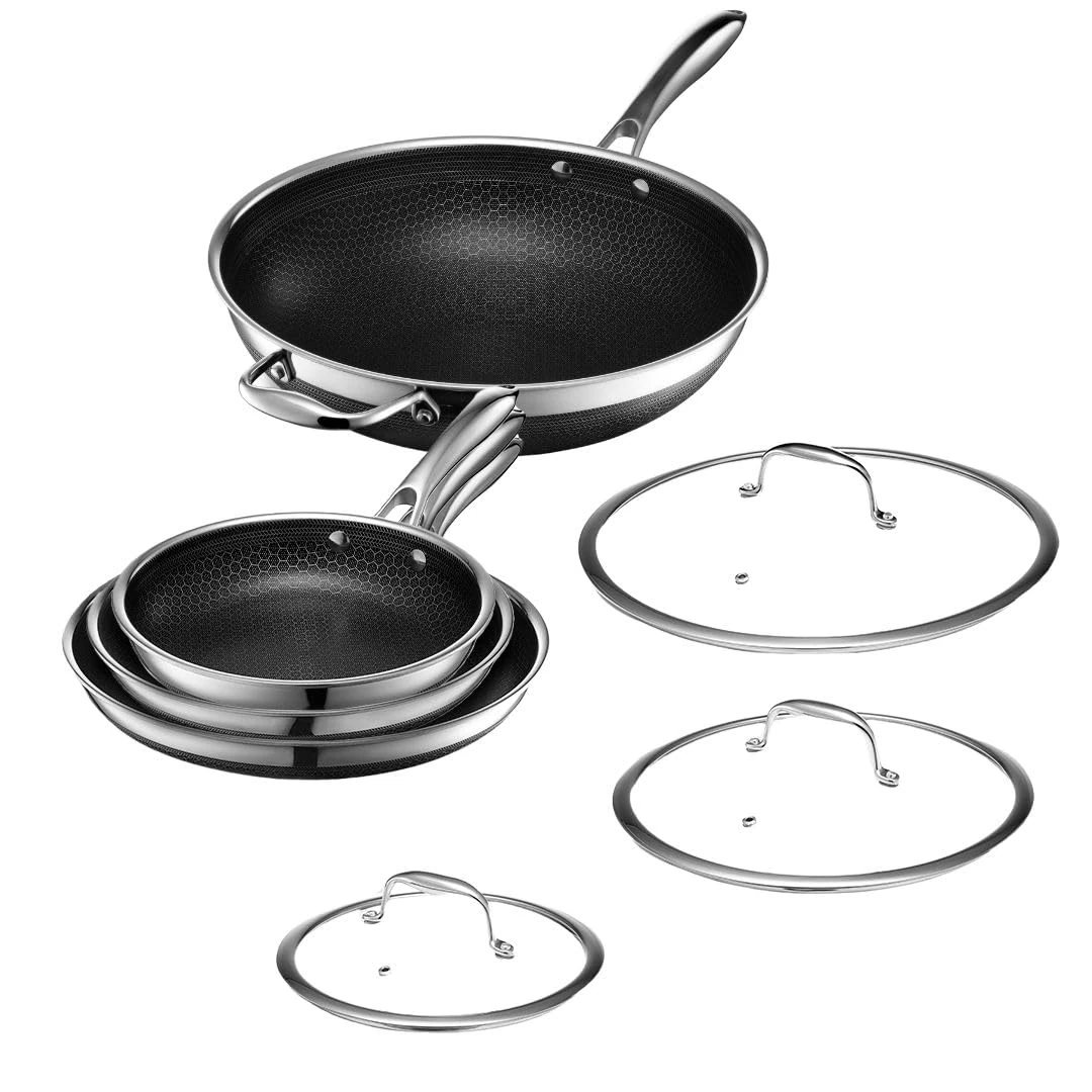 HexClad Hybrid Nonstick 7-Piece Pan Set, 20, 25, and 30 cm Frying Pans with Tempered Glass Lids and 30 cm Wok, Stay-Cool Handles, Dishwasher-Friendly, Induction Ready, Compatible with All Cooktops