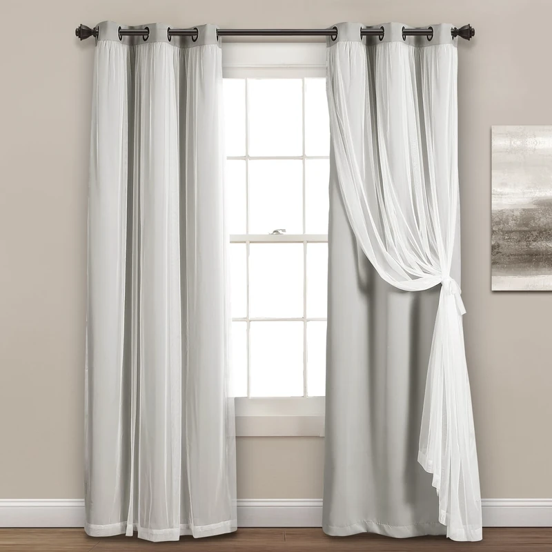 Lush Decor Sheer Grommet Curtains With Insulated Blackout Lining, Window Curtain Panels, Pair, 38" W x 84" L, Light Gray - Curtain With Sheer Overlay, Elegant Blackout Curtains for Bedroom