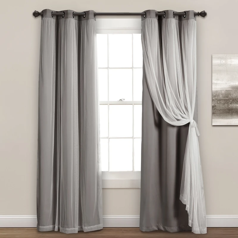 Lush Decor Sheer Grommet Curtains Panel with Insulated Blackout Lining, Room Darkening Window Curtain Set (Pair), 38" W x 84" L, Dark Gray