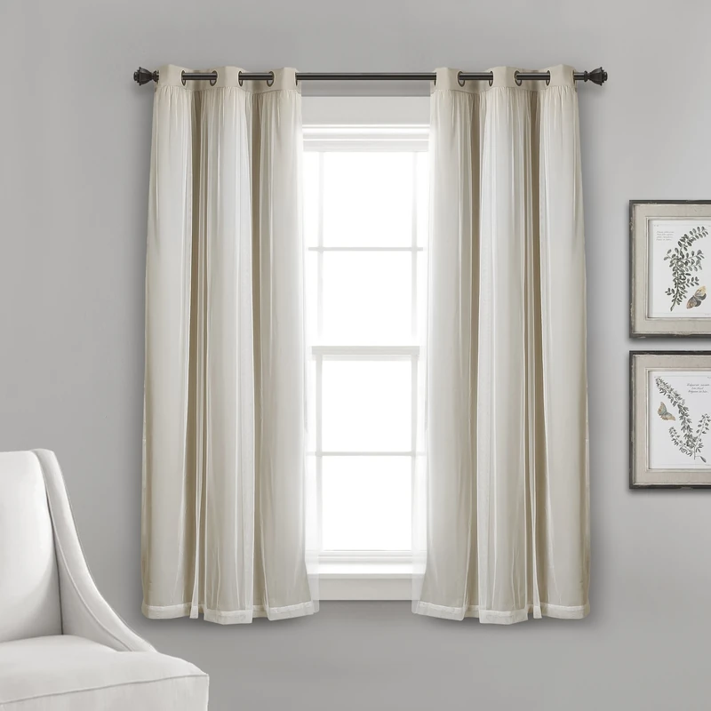Lush Decor Sheer Grommet Curtains With Insulated Blackout Lining, Window Curtain Panels, Pair, 38" W x 63" L, Wheat - Curtain With Sheer Overlay, Elegant Blackout Curtains for Bedroom
