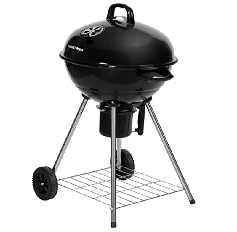 George Foreman Portable Charcoal BBQ Round Kettle 47.5 cm, Adjustable Vent, Integrated Thermometer, Charcoal Barbecue, Stand & 2 Wheels with Chrome Grill, GFKTBBQ, 60x51x90