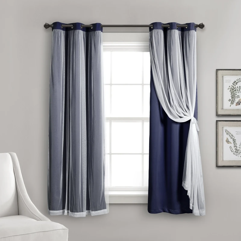 Lush Decor Sheer Grommet Curtains Panel with Insulated Blackout Lining, Room Darkening Window Curtain Set (Pair), 38" W x 63" L, Navy