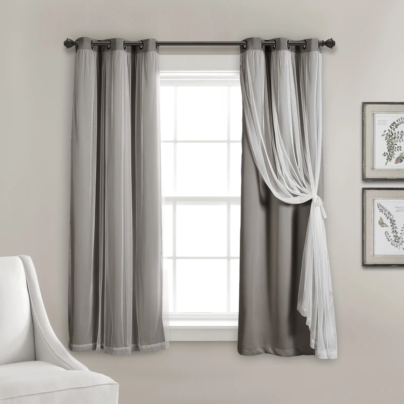 Lush Decor Sheer Grommet Curtains With Insulated Blackout Lining, Window Curtain Panels, Pair, 38" W x 63" L, Dark Gray - Curtain With Sheer Overlay, Elegant Blackout Curtains for Bedroom