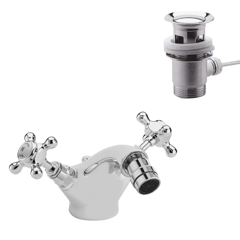 Old London BC306HX Topaz | Traditional Bathroom Mono Bidet Mixer Tap with Crosshead Handles and Hexagonal Collars, 97mm x 197mm, Chrome/White