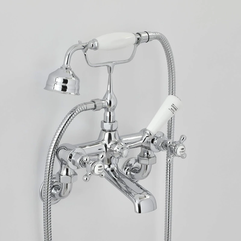 Old London BC304HXWM Topaz | Traditional Bathroom Wall Mounted Bath Shower Mixer with Shower Kit, Crosshead Handles and Hexagonal Collars, 320mm x 350mm, Chrome/White