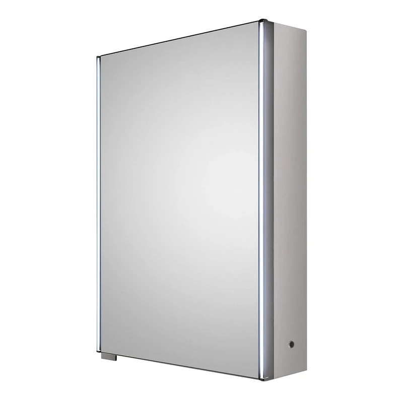 Hudson Reed LQ093 Meloso ǀ Modern Bathroom Motion Sensor LED Mirror Single Door Cabinet with Built In Shaver Socket, 700mm x 500mm, Silver