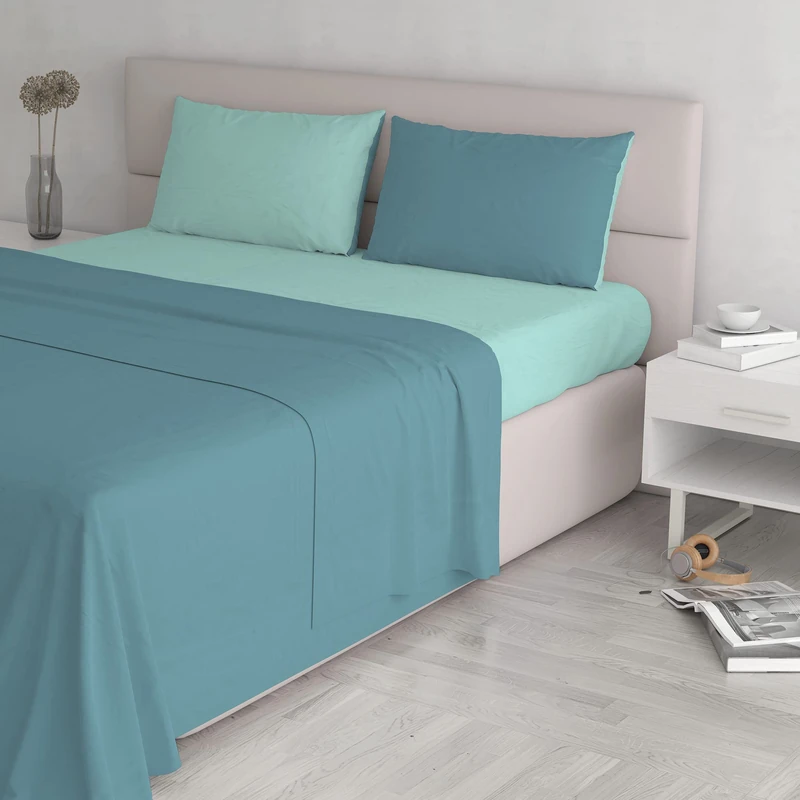 Italian Bed Linen Natural Color Bed Set (Flat 250x300, Fitted Sheet 170x200cm+2 Pillowcases 52x82cm), Petrol Bottle Green, Ottanio/Water, DOUBLE