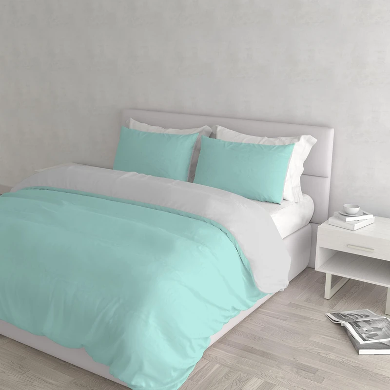 Italian Bed Linen Natural Color Duvet Cover Set with Doubleface Solid Colour Bag Sheet and Pillowcase, 100% Cotton, Water Green/Light Gray, double