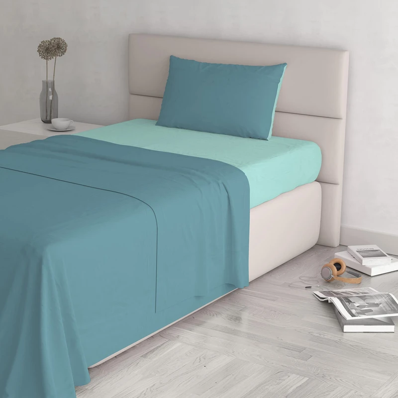 Italian Bed Linen Natural Color Bed Set (Flat 180x300, Fitted Sheet 120x200cm+Pillowcase 52x82cm), Petrol Bottle Green, Ottanio/Water, SMALL DOUBLE