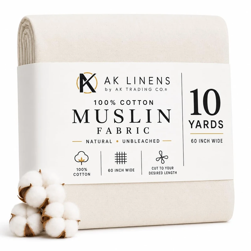 AK TRADING CO. 60" Wide Natural Muslin, 100% Cotton Fabric, Unbleached 10 Yards