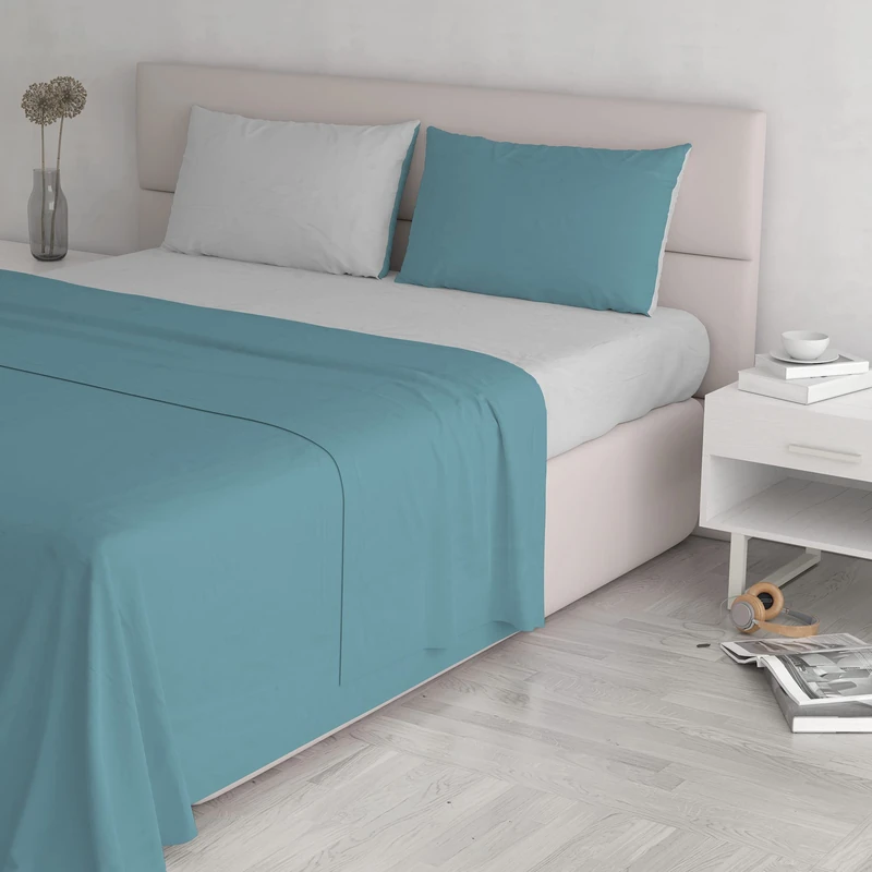 Italian Bed Linen Natural Color Bed Set (Flat 250x300, Fitted Sheet 170x200cm+2 Pillowcases 52x82cm), Petrol Bottle Green, Ottanio/Light Gray, DOUBLE