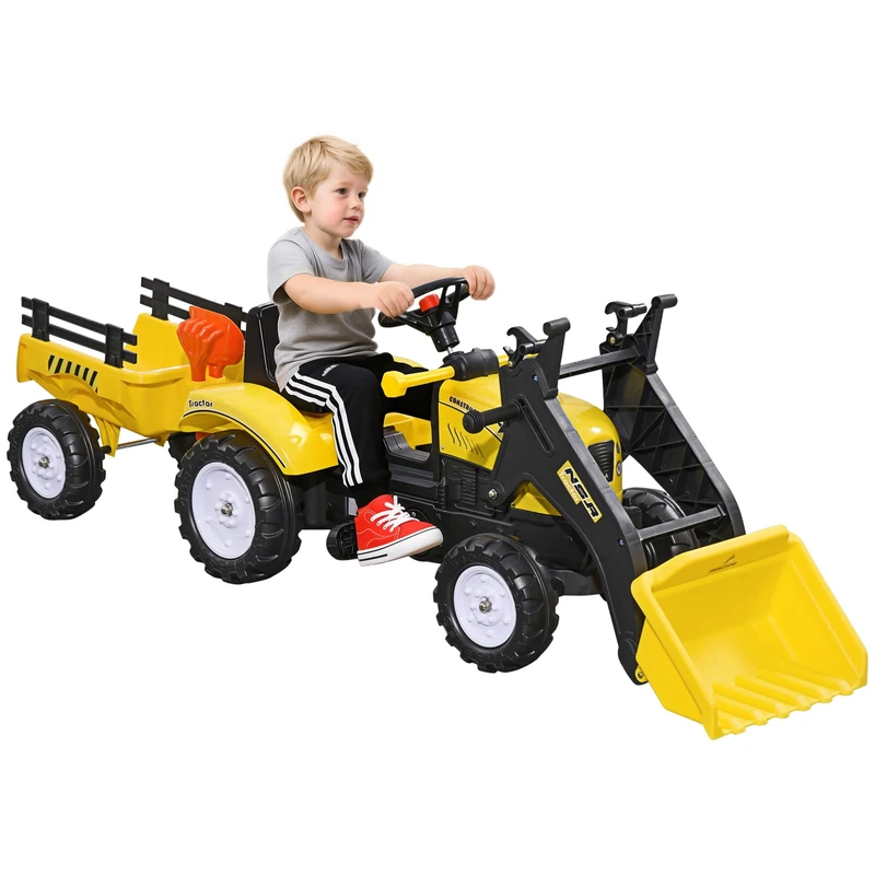 HOMCOM Kids Pedal Go Kart, Children Ride on Digger, Ride on Toy Car, Excavator Tractor Digger Dumper for Kids 3 Years, Yellow