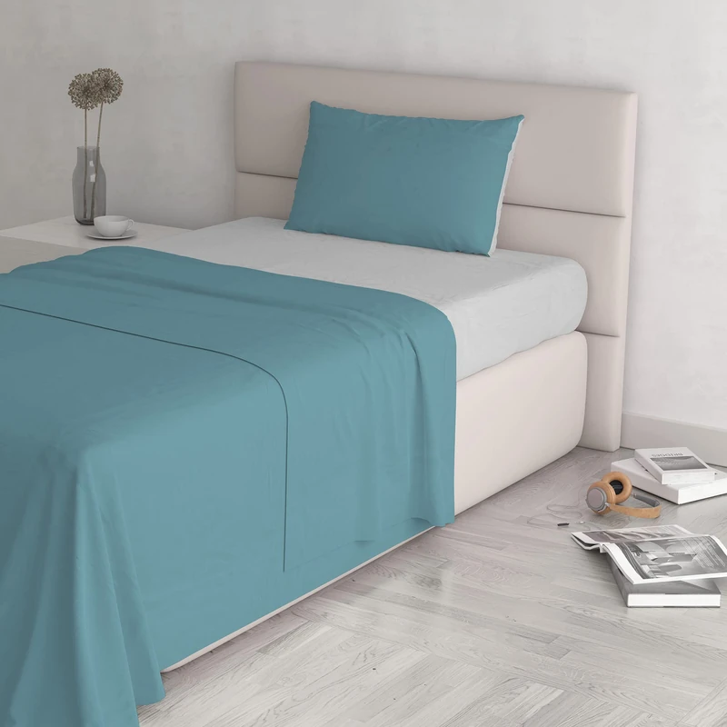 Italian Bed Linen Natural Color Bed Set (Flat 180x300, Fitted Sheet 120x200cm+Pillowcase 52x82cm), Petrol Bottle Green, Ottanio/Light Gray, SMALL DOUBLE