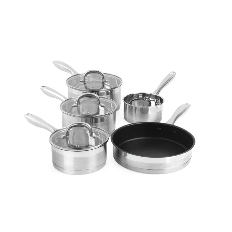 Salter Timeless 5 Piece Pan Set - Induction Hob Cooking Pots, Stainless Steel Cookware, 16, 18, 20 cm Saucepans, Milk Pan & 24cm Frying Pan, Includes Tempered Glass Lids, Easy Grip Handles