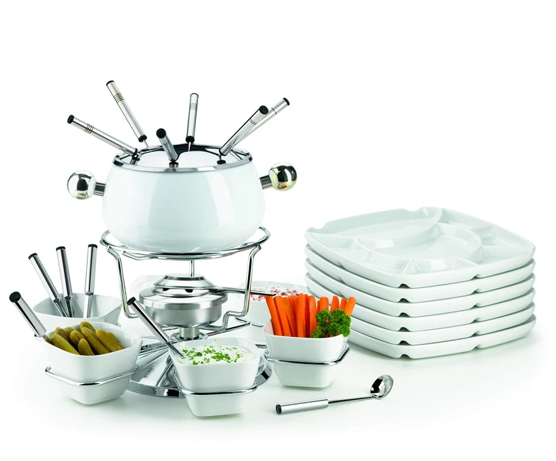 MÄSER 931228 Comprehensive Set for 6 People, 28 Pieces with Enamelled Pot, Rotating Carousel, Fondue Plates, Bowls and Much More, Wireless Operation with Fuel Paste, Stainless Steel, Porcelain, White