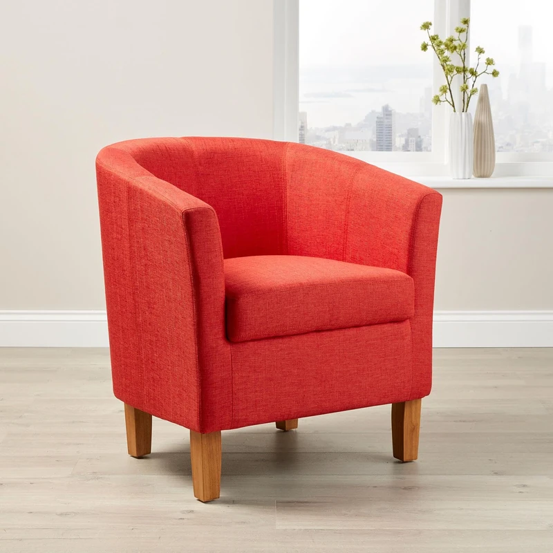 Home Source Tub Accent Chair - Fabric Armchair with Wooden Legs - Upholstered Single Sofa for Home, Office, Living Room - Padded Foam Seat (Orange)