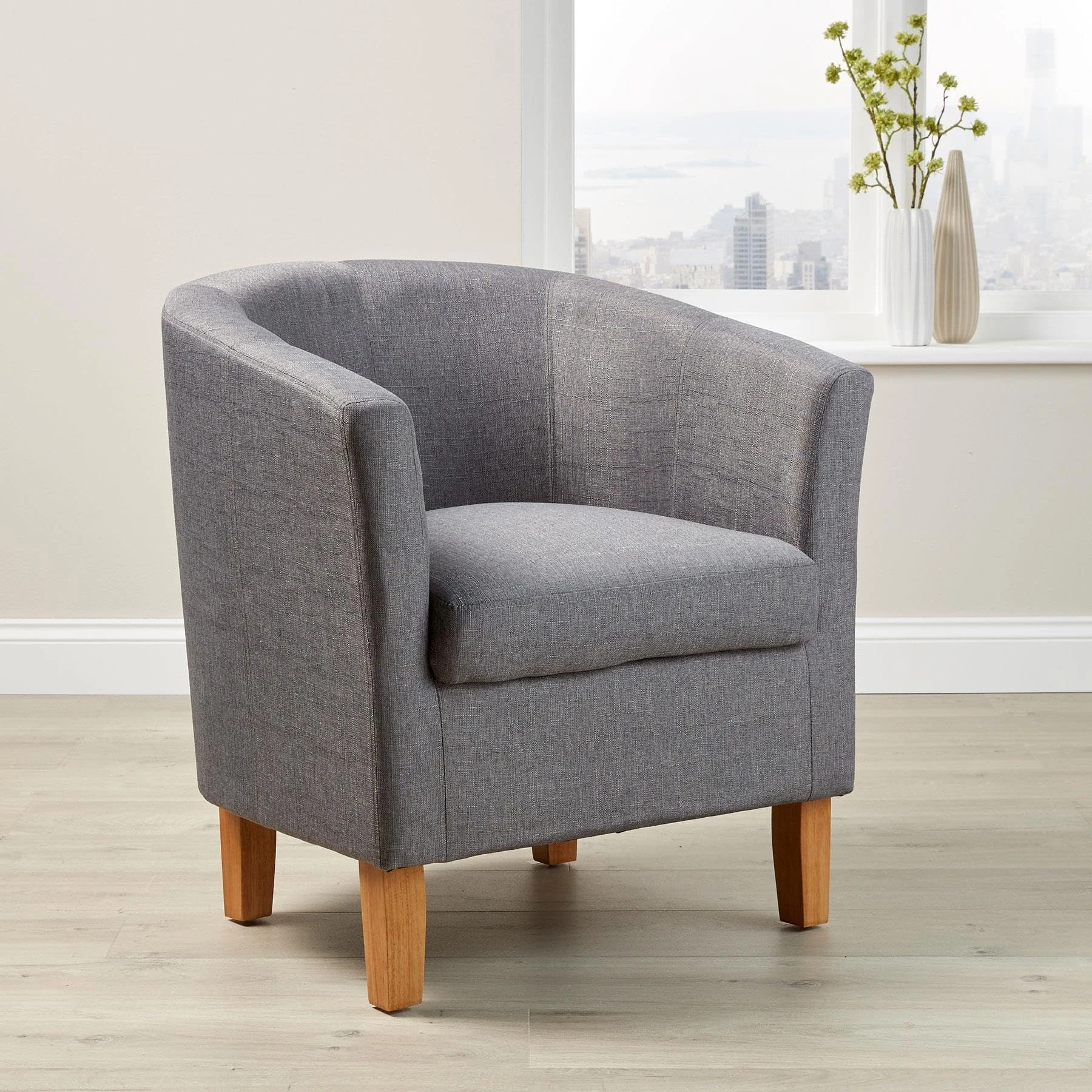 Home Source Tub Accent Chair - Fabric Armchair with Wooden Legs - Upholstered Single Sofa for Home, Office, Living Room - Padded Foam Seat (Light Grey)