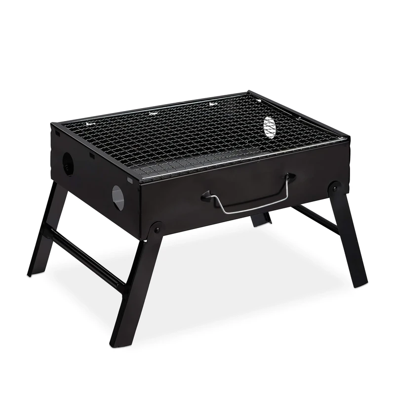 Folding Camping Barbecue Grill, Foldable BBQ for 4, Briefcase, Portable, Steel HWD: 20 x 41 x 27 cm, Black