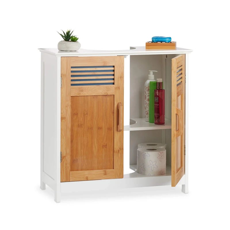 Relaxdays Basin Vanity Unit, Bamboo Doors, Height-Adjustable Shelf, Siphon Cut-Out, HWD: 60x60x30cm, Natural/White