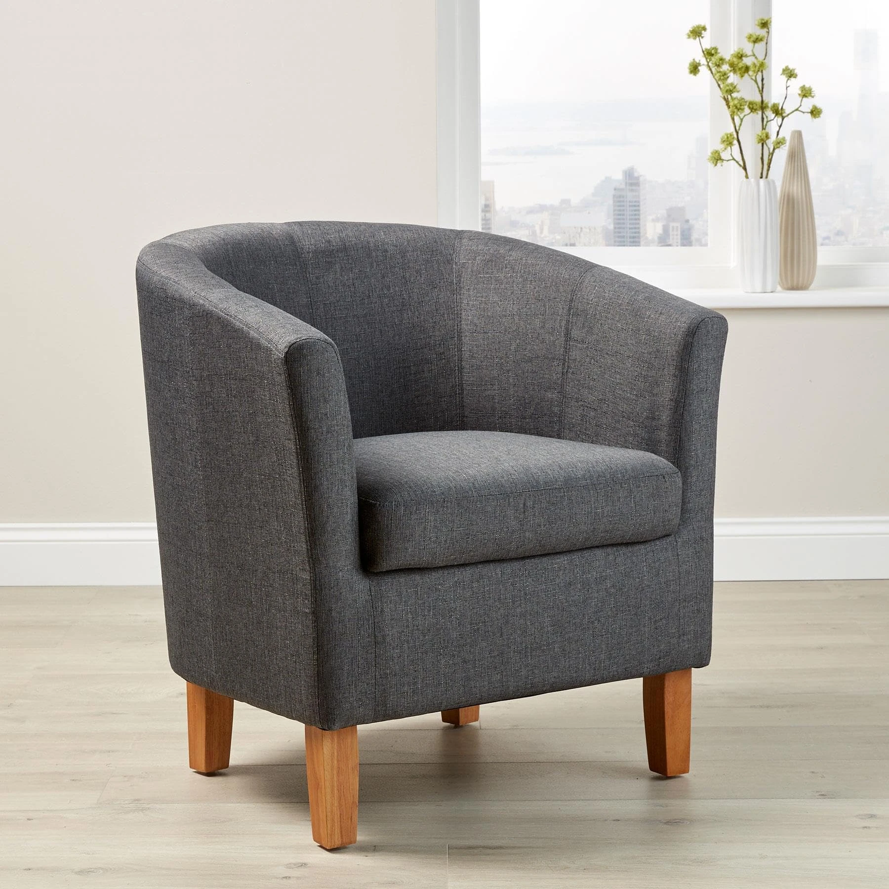 Home Source Tub Accent Chair - Fabric Armchair with Wooden Legs - Upholstered Single Sofa for Home, Office, Living Room - Padded Foam Seat (Dark Grey)