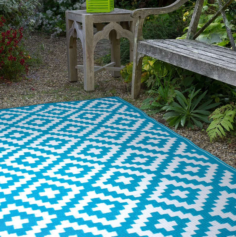 FH Home Indoor/Outdoor Recycled Plastic Floor Mat/Rug - Reversible - Weather & UV Resistant - Aztec - Teal/White (120 cm x 180 cm)