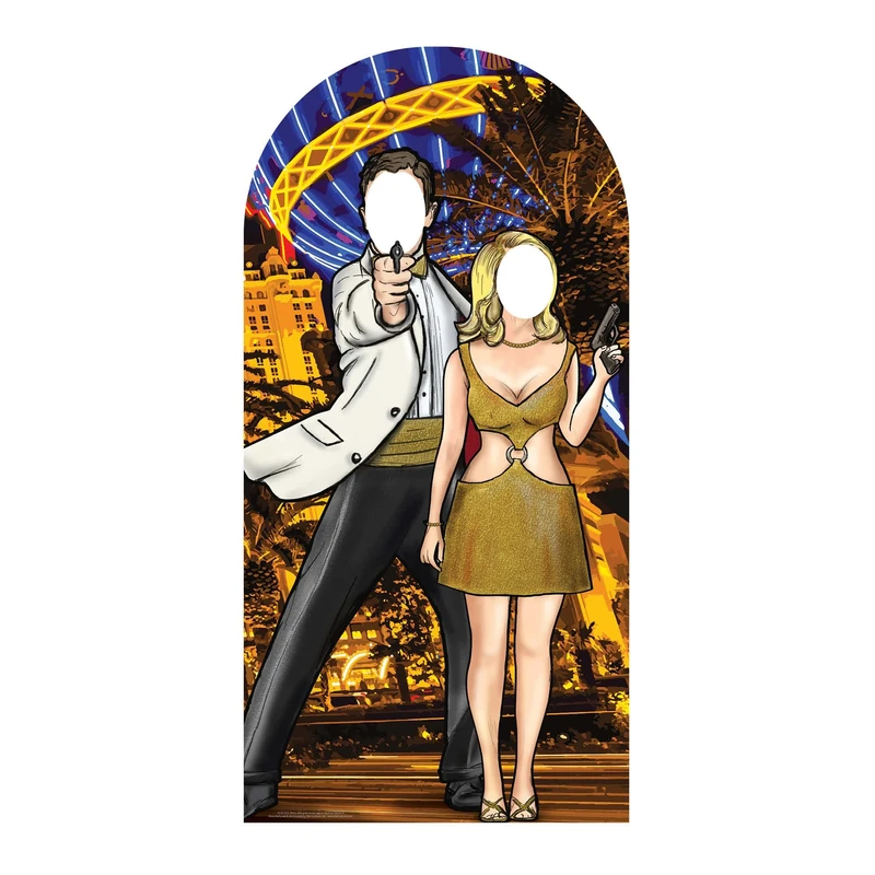 Beautiful Black and Gold Secret Agent Skyline Stand-In Adult Size 6ft /190cm Tall James Bond Party Style