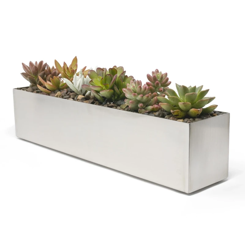 Buhbo Modern Trough Rectangle Planter 16 inch, Brushed Stainless Steel
