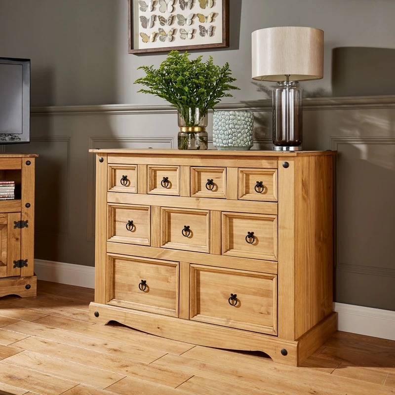 Home Source Corona Chest of Drawers Pine Sideboard 9 Drawer Merchant Cabinet Distressed Wax - Image 1