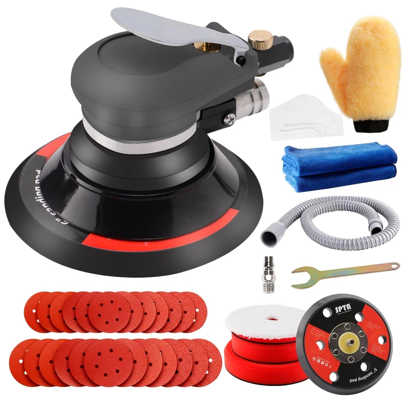 Compressed Air Sander, Eccentric Polishing Machine, SPTA 125 mm/150 mm Random Orbital Sander with 24 Sandpaper and 3 Polishing Sponge for Polishing, Grinding and Grinding Cars -HASPS6SET