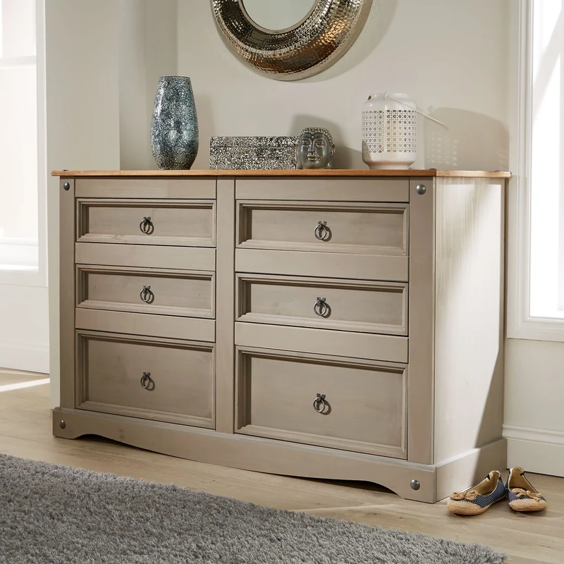 Home Source Corona Grey Chest of Drawers Pine 6 Drawer Solid Pine Mexican Wooden Sideboard