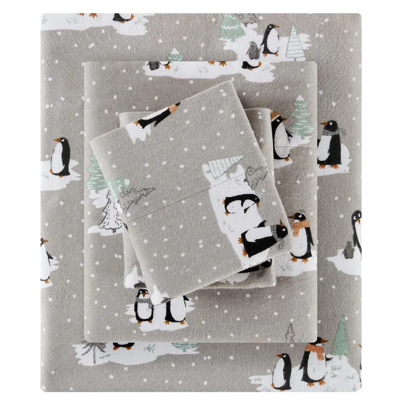 SLEEP PHILOSOPHY True North Cozy Flannel Warm 100% Cotton Sheet - Novelty Print Animals Stars Cute Ultra Soft Cold Weather Bedding Set, Queen, Grey Penguins