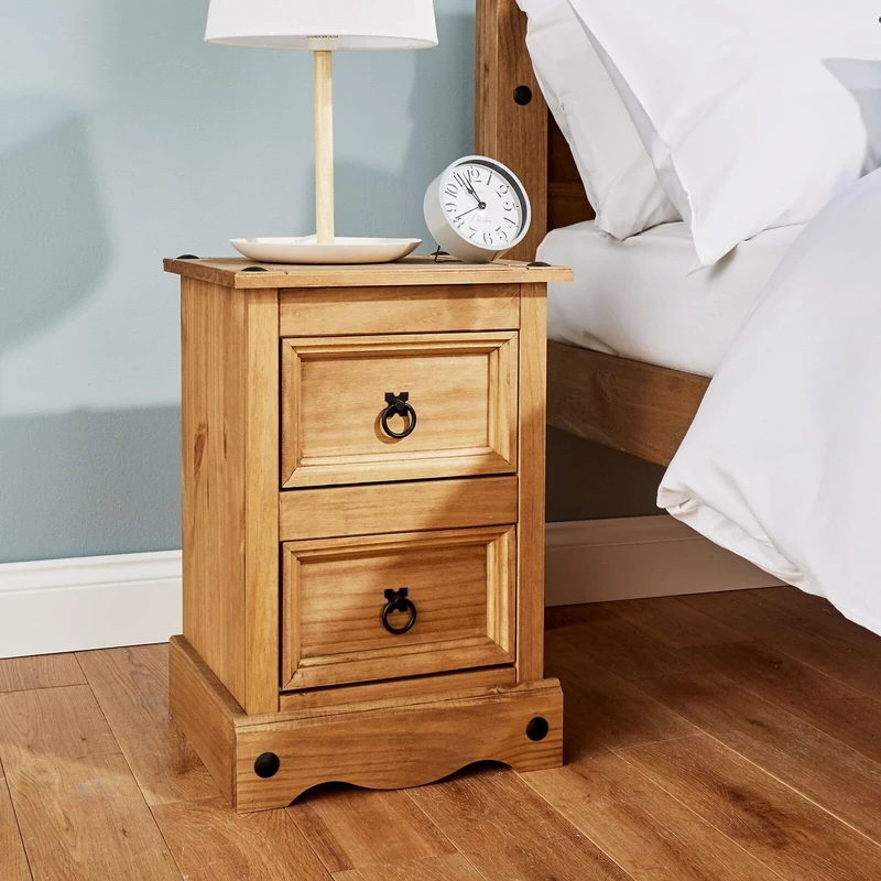 Home Source Corona Distressed Waxed Pine 2 Drawer Petite Bedside Nightstand, Living Room Lamp Table, Natural