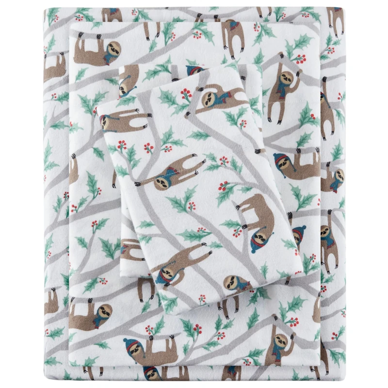 SLEEP PHILOSOPHY True North Cozy Flannel 100% Cotton Ultra Soft Cold Weather Sheet Set Bedding, Queen, Multi Sloth