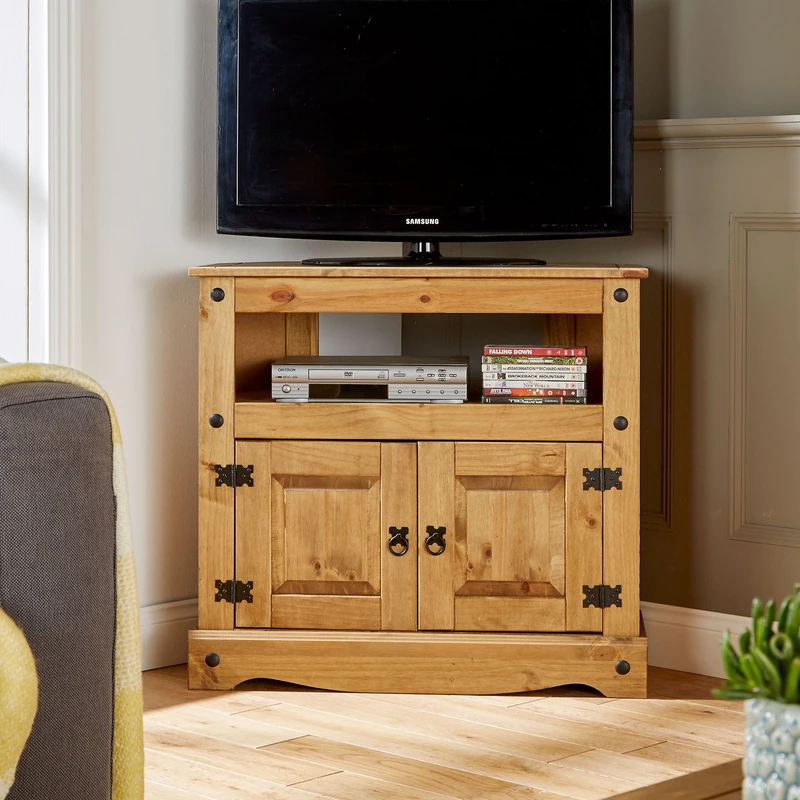 Home Source Corona TV Stand Pine 2 Door Television Cabinet Corner Unit Mexican Solid Wood - Image 1