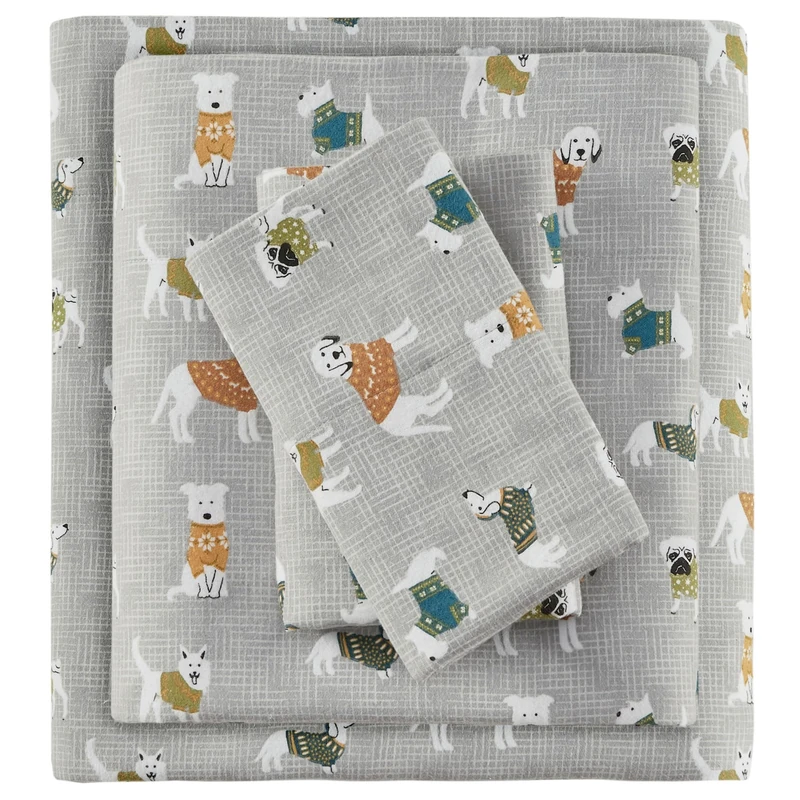 SLEEP PHILOSOPHY True North Cozy Flannel 100% Cotton Ultra Soft Cold Weather Sheet Set Bedding, Queen, Grey Dogs