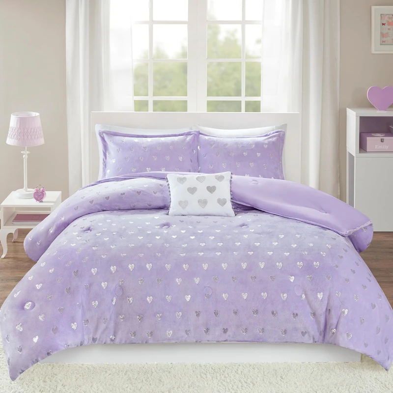 MI ZONE KIDS Comforter Ultra-Soft Microlight Plush Metallic Printed Hearts Brushed Reverse Overfilled Down Alternative Hypoallergenic All Season Bedding-Set, Microfiber, Purple/Silver, Twin XL