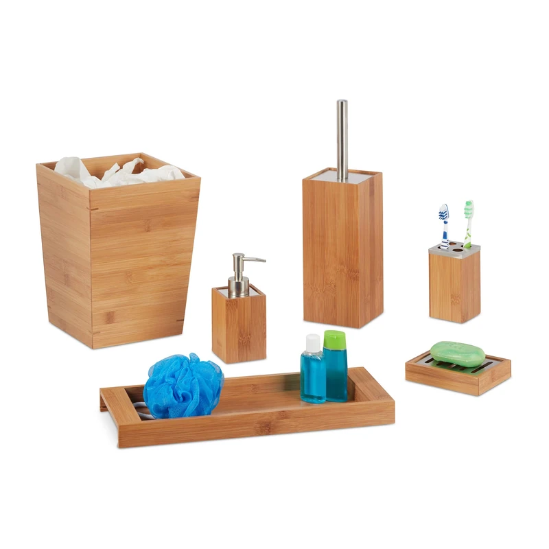 Relaxdays Bathroom Set, 6-Piece, Bamboo, Soap Dispenser and Dish, Toilet Brush, Toothbrush Holder, Tray, Bin, Natural
