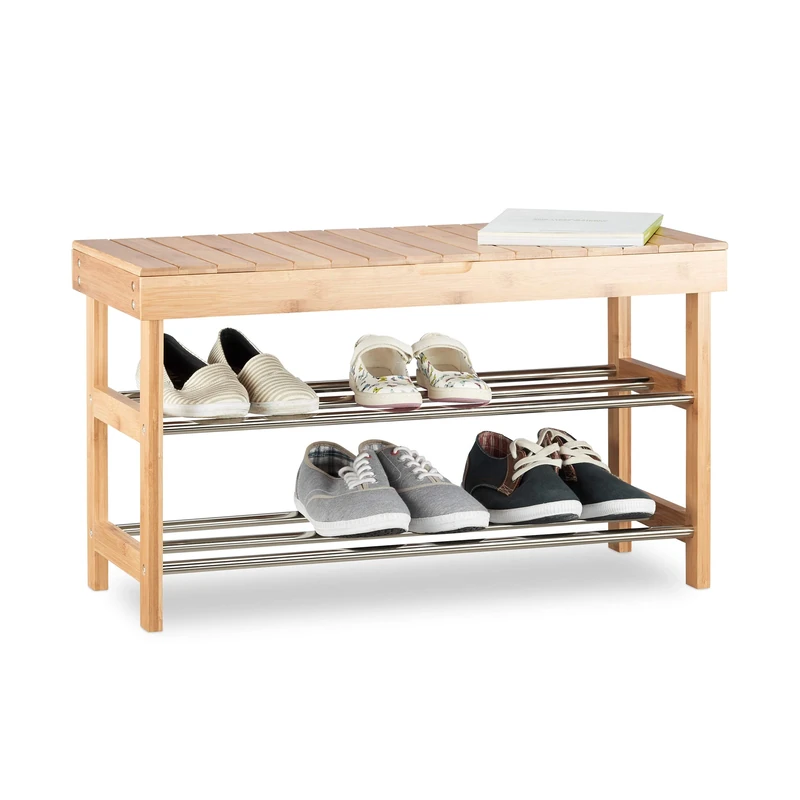 Relaxdays Shoe Storage Bench, Bamboo Shoe Rack for 6 Pairs, Seating with Storage HWD: 43x74x30 cm, Natural