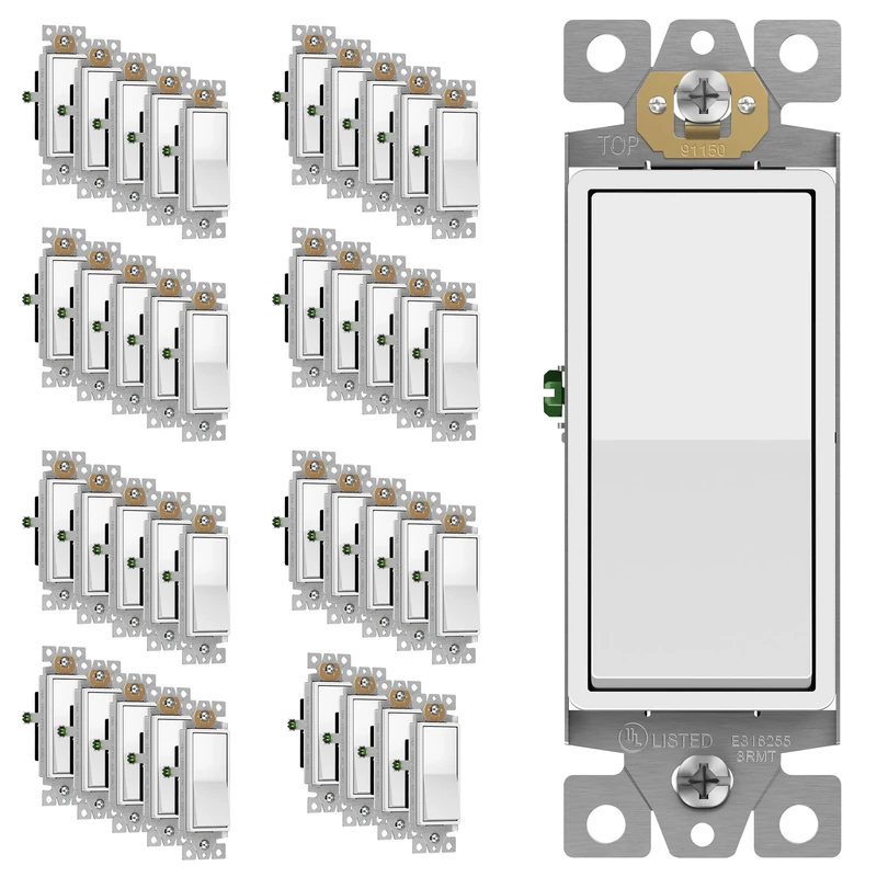 Enerlites Light Switch On/Off Paddle Wall Switch 91150-W | 15 Amp, 120V/277V, AC, Single Pole, 3 Wire, Grounding Screw, Residential and Commercial Graded Light Switch, UL Listed | White - 40 Pack