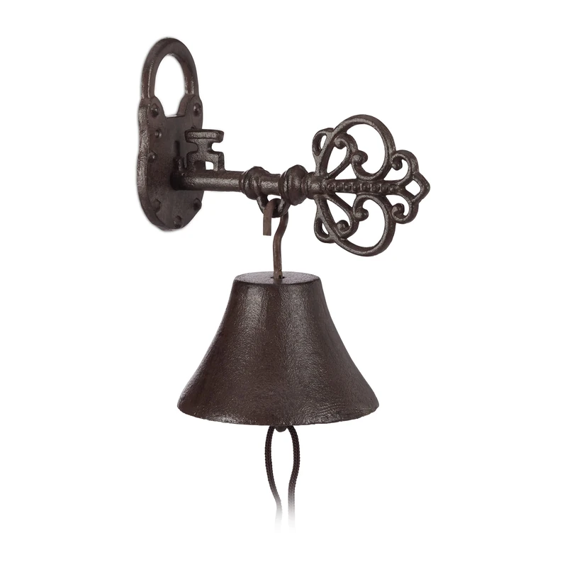 Relaxdays Cast Iron Door Bell, Key and Lock, Nostalgic Charm for Home and Garden, Country House Style, Rusty Brown