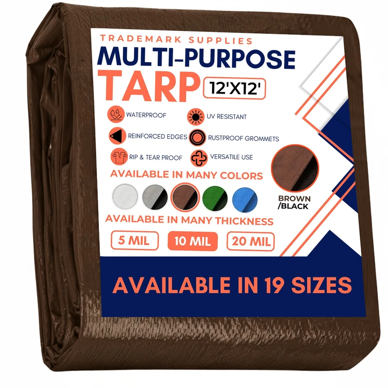 Tarp Cover Brown Black Heavy Duty Thick Material, Waterproof, Great for Tarpaulin Canopy Tent, Boat, RV Or Pool Cover! by Trademark Supplies (12X12, Heavy Duty)